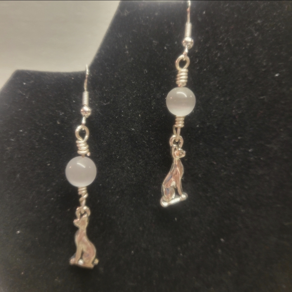 Silver Wire and White Cat's Eye Bead and Silver Cat Charm Earrings